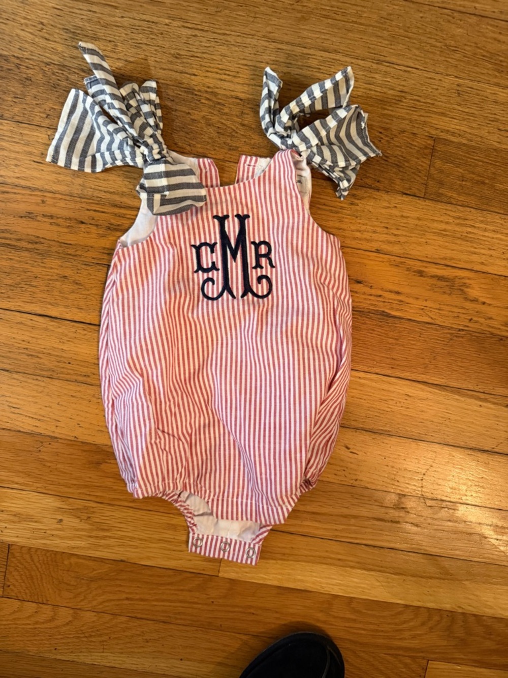 Striped Pink & White Monogram One-Piece with Navy Detail